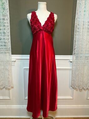 Vintage‎ Flora Red Satin Maxi Slip Dress Rosette Bust S